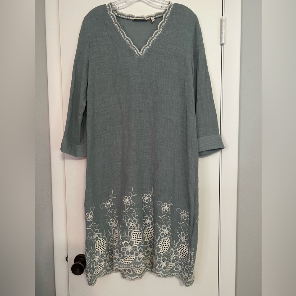 Soft Surroundings blue dress with white embroidery. Size S